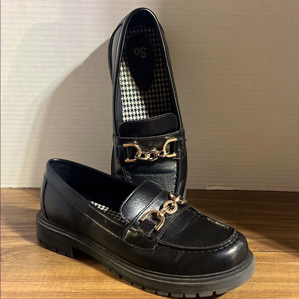 Black Loafers with Gold Chain Accent 
Size 7 1/2